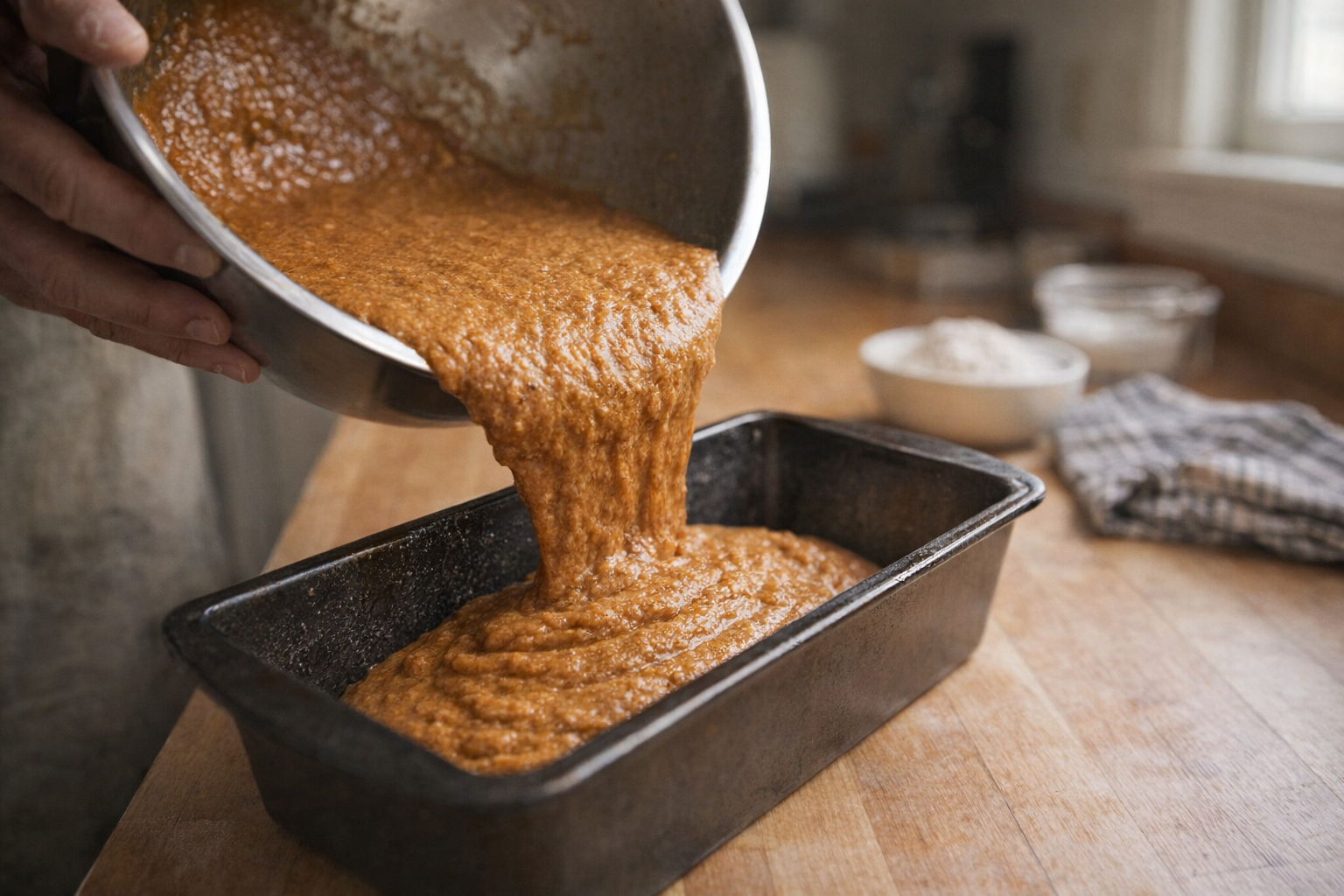 A hand pouring pumpkin bread batter from a mixing bowl into a greased loaf pan, side angle, kitchen setting